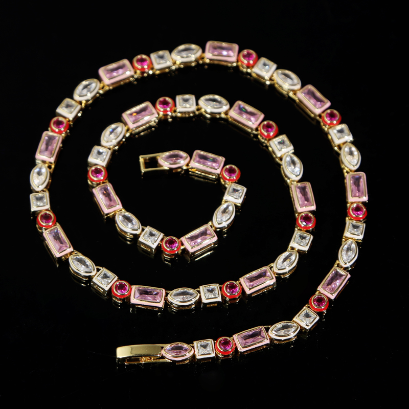 Geometric CZ Tennis Chain Choker Necklace Enamel Rainbow Bezel | 2024 New Fashion Jewelry