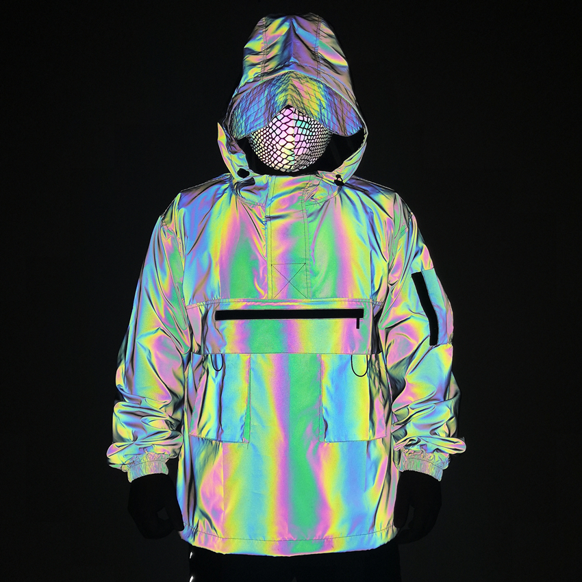 Harajuku Colorful Reflective Jackets Men Spring Autumn Pullover Long Sleeve Half Zipper Reflect Light Coats Ropa Hombre