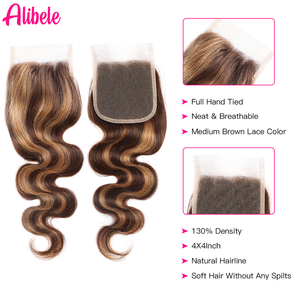 Alibele Highlighted Body Wave Human Hair Bundles With 4x4 HD Lace Closure Pre-Plucked P4/27 Color Peruvian Remy Hair Extentions