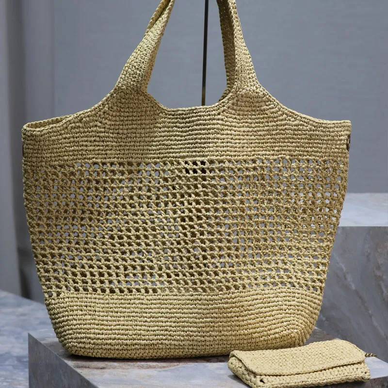 Beach Bags raffias 10a weave 58cm straw bags Tote Designer Women Handbag kahki Hand-Embroidered Strawbag Large Capacity Shopping Bag with purse