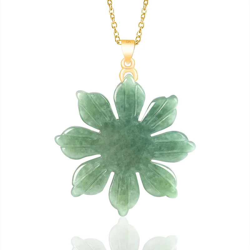 Burmese Jadeite Sunflower Pendant Amulets Green Gift Real Vintage Jade Charms Natural Stone Emerald Jewelry Gemstones Necklace
