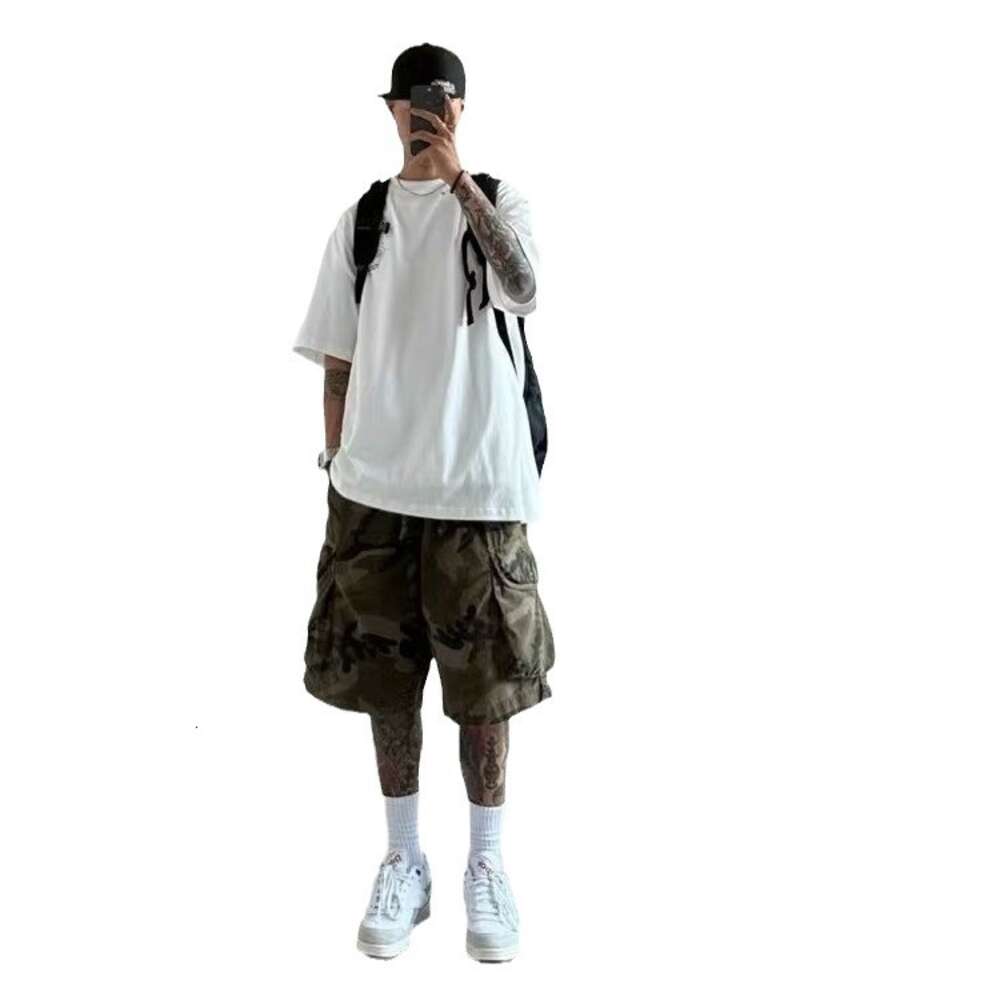 Trendy Shangton men's summer drawstring all cotton capris fashionable work clothes with multiple pockets, washed camouflage short M522 31 ddmymar