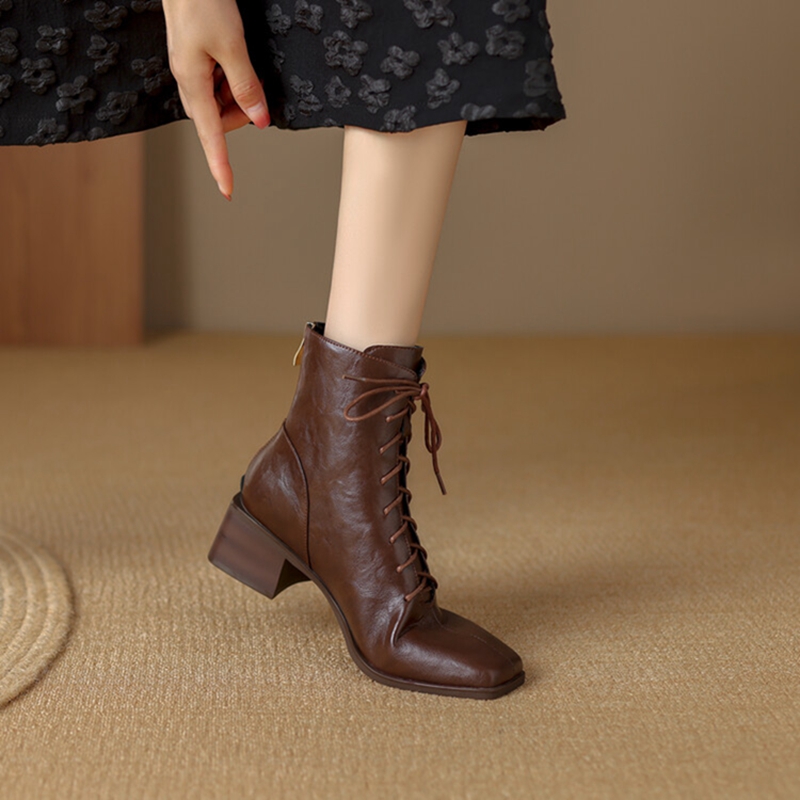 Autumn NEW Square Toe Chunky Split Leather Shoes for Women High Heel Ankle Lace-up Designer Boots eaa4