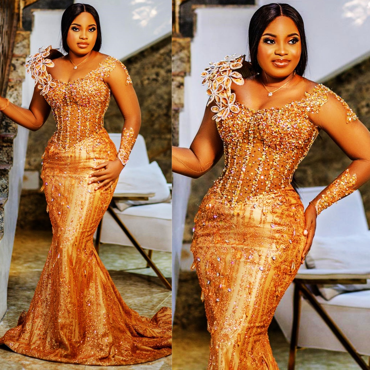 Plus Size Gold Aso Ebi Prom Dresses for Black Women Promdress Mermaid Long Sleeves Appliqued Beaded Lace Crystals Birthday Dress Second Reception Gown