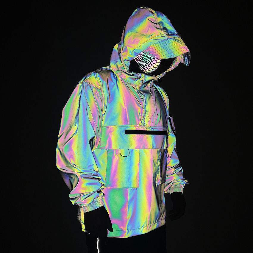 Harajuku Colorful Reflective Jackets Men Spring Autumn Pullover Long Sleeve Half Zipper Reflect Light Coats Ropa Hombre