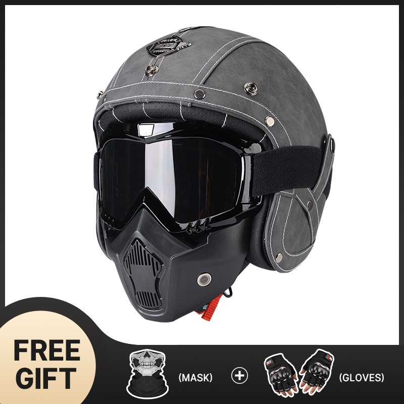 PU Leather Retro Vintage Motorbike 3/4 Open Face Casco Moto Helmet Motorcycle Helmets With Goggle Mask For Adult