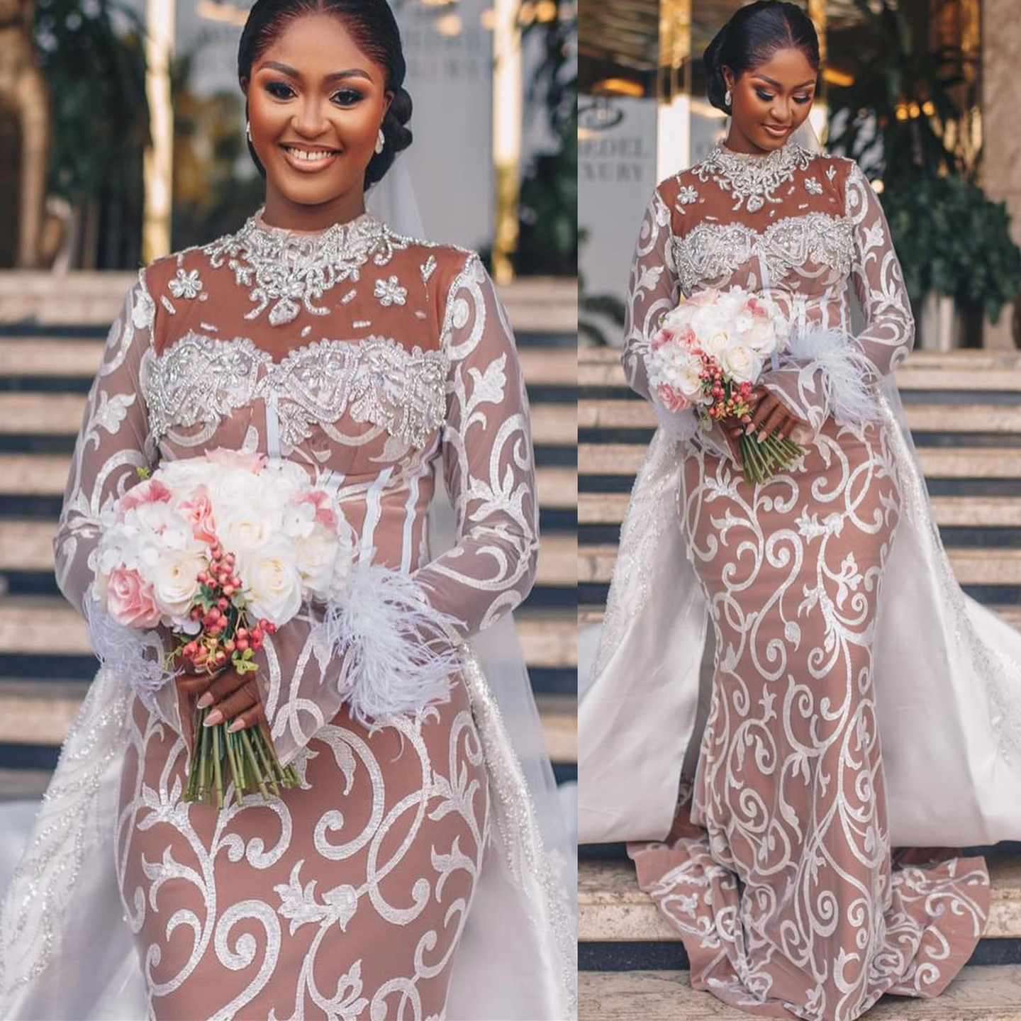 Aso Ebi 2024 Ivory Illusion Mermaid Wedding Dresses Lace Beaded Crystals Detachable Train Bridal Gowns Dress LF044