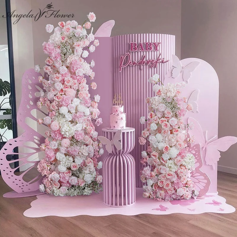 Pink White 5D Rose Hydrangea Babysbreath Wedding Backdrop Arch KT Board Decor Floral Arrangement Table Sofa Runner Event Props