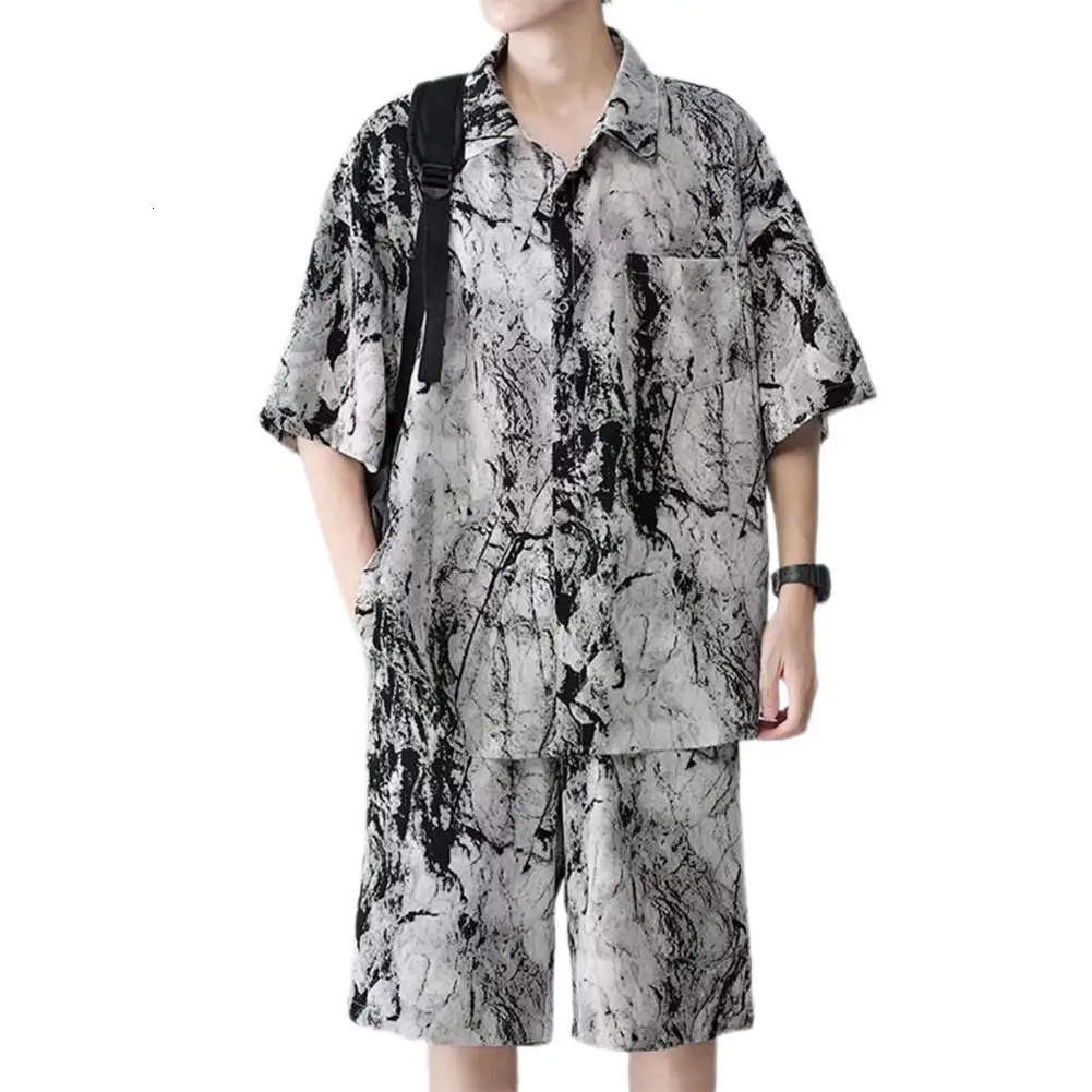 2Pcs/Set Men Summer Casual Outfit Lapel Short Sleeve Single Breasted Shirt Elastic Drawstring Waist Wide Leg Shorts Set 240518