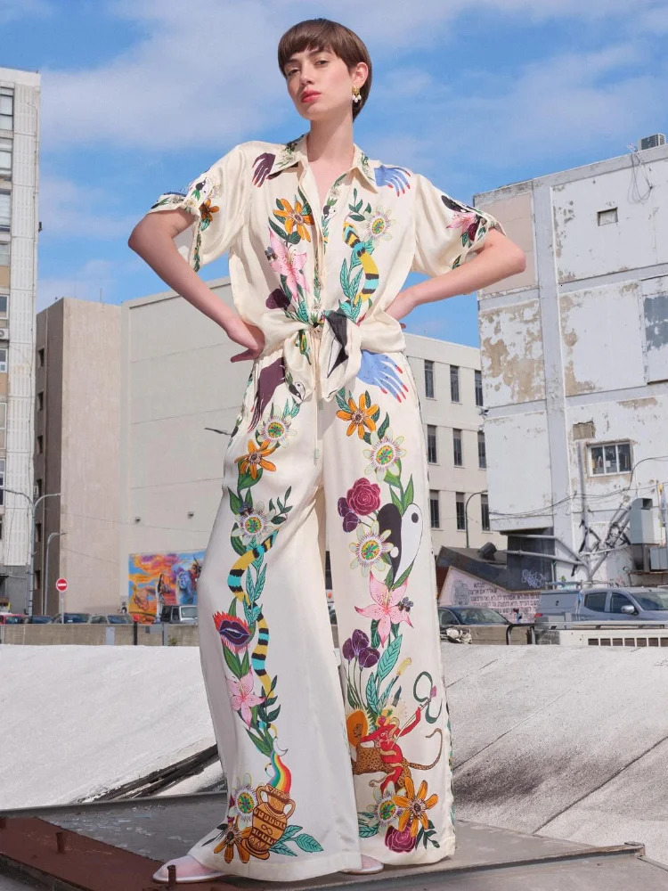 Fashion Satin Printed Pants 2 Piece Sets For Women Chic Lapel Long Sleeved Single Breasted Shirts Suits Vacation Female Outifts 240518