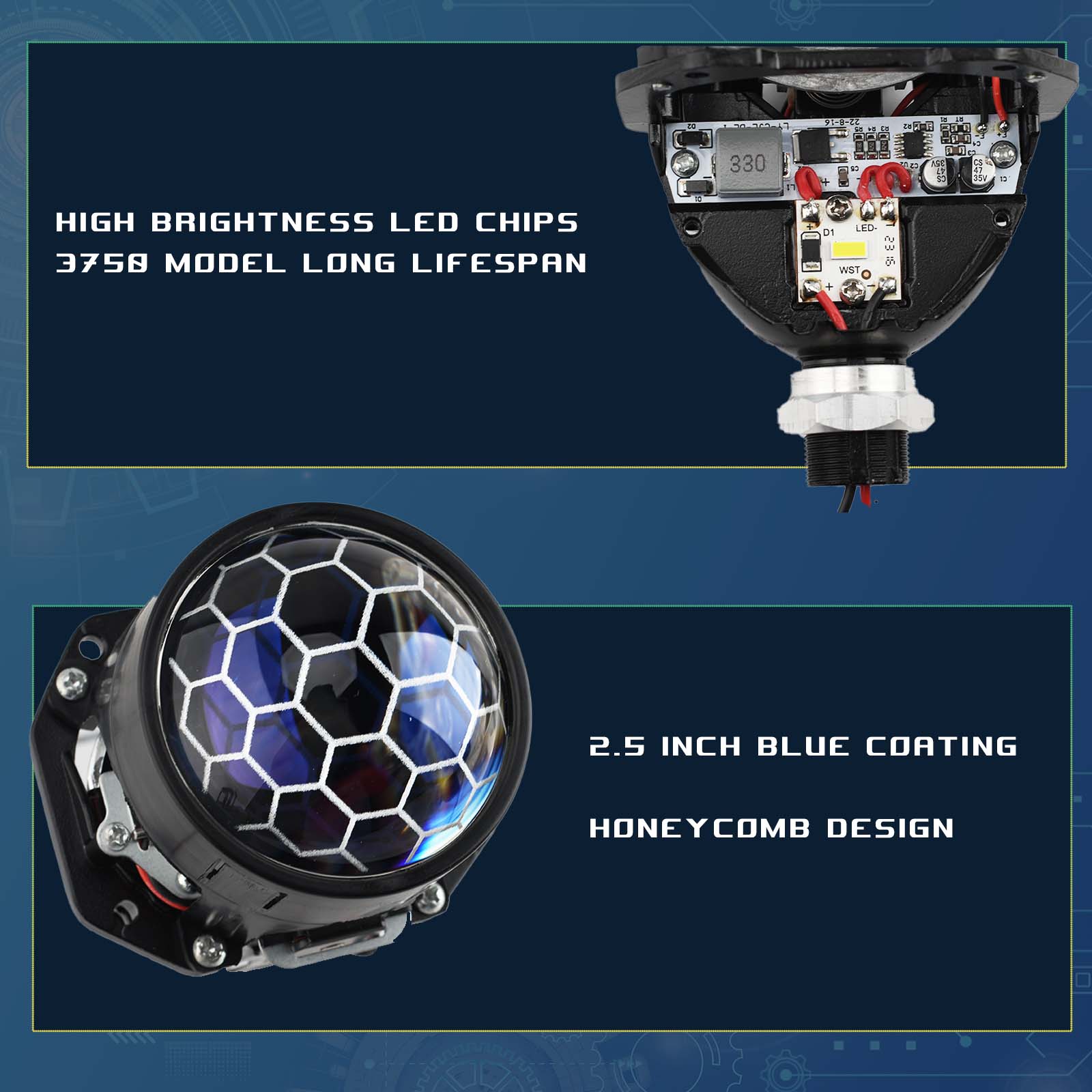 90W 2.5 Inch Bi-Led Lens Blue Honeycomb For H1 H4 H7 9005/9006 Socket Car Headlight Retrofit Upgrade Kit with Shrouds Accessory