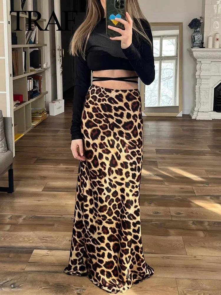 TRAF Vintage Womens Leopard Print Satin Skirt Female Summer High Waist Midi Skirt Woman Fashion Elegant Long Skirts 240513
