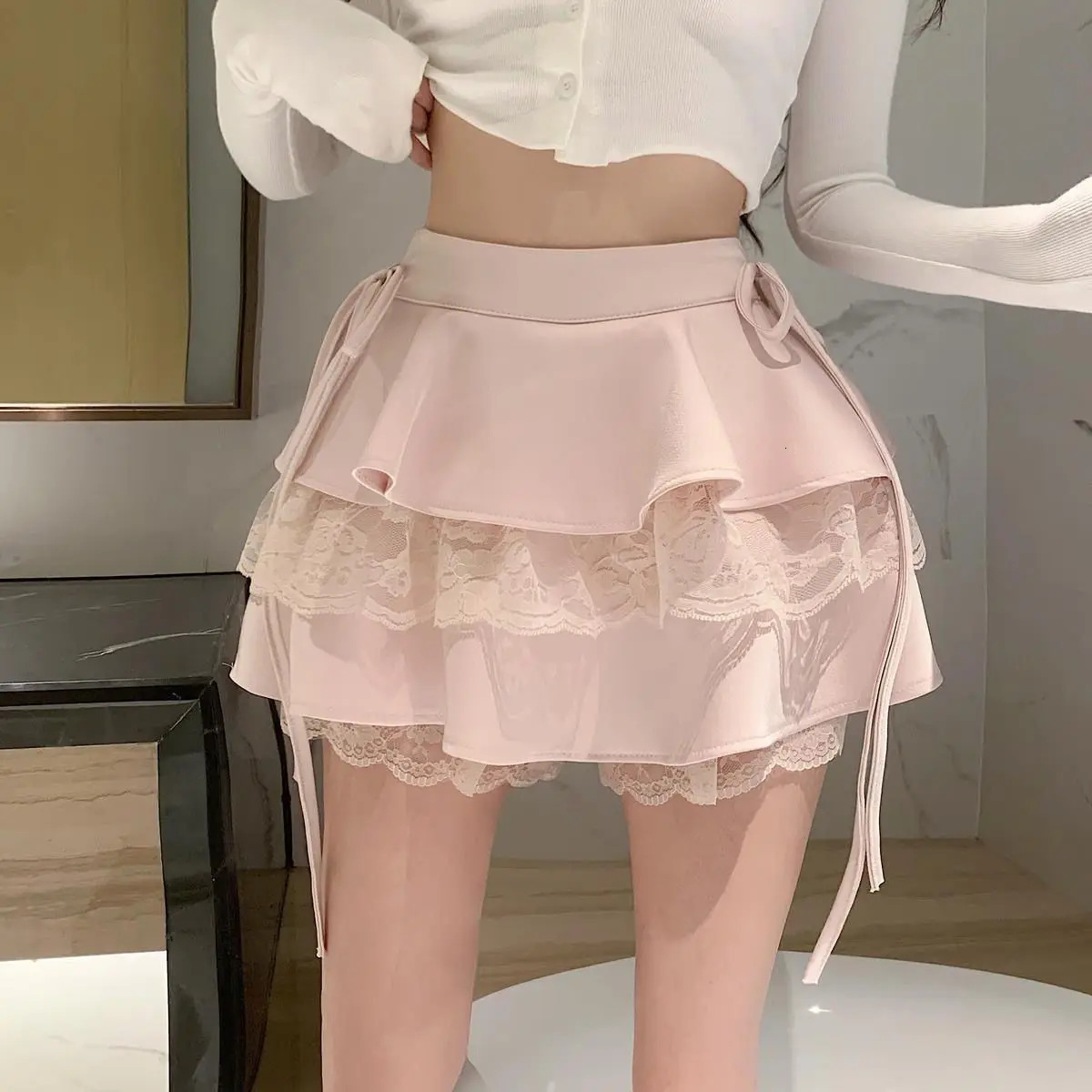 White Ruffle Lace Mini Skirt | 2024 Korean Summer Fashion B4