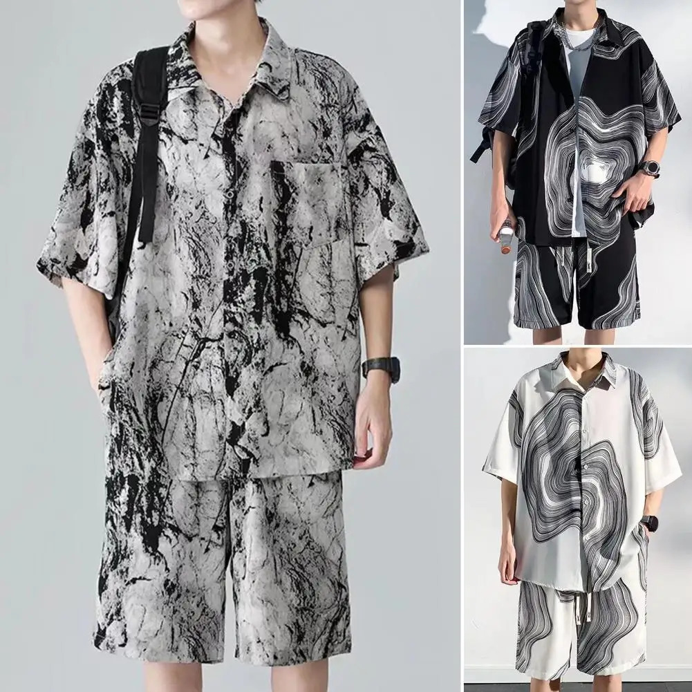 2Pcs/Set Men Summer Casual Outfit Lapel Short Sleeve Single Breasted Shirt Elastic Drawstring Waist Wide Leg Shorts Set 240518