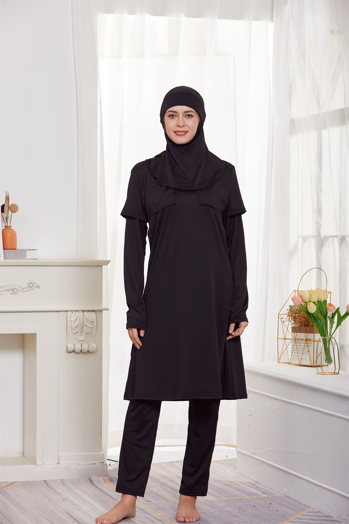 3 Pieces Sets Women Muslim Islamic Black Bathing Burkinis Sets Arab Modest Full Cover Tops Pants Swimwear Swimsuit Beachwear