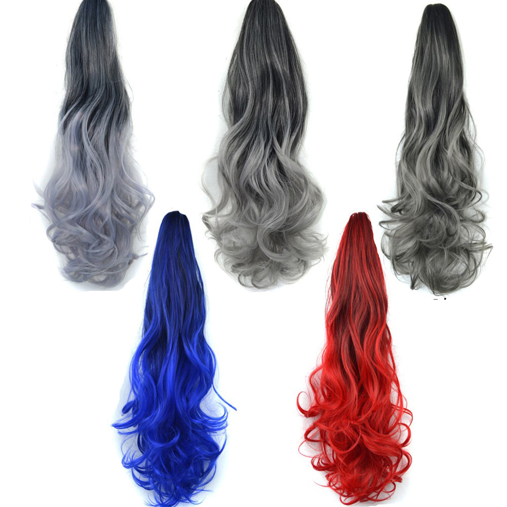Ombre Grey Drawstring Ponytail Long Wavy Curly Overhead Ponytail Clip in Hair Extensions de cabello Natural Synthetic Hairpieces