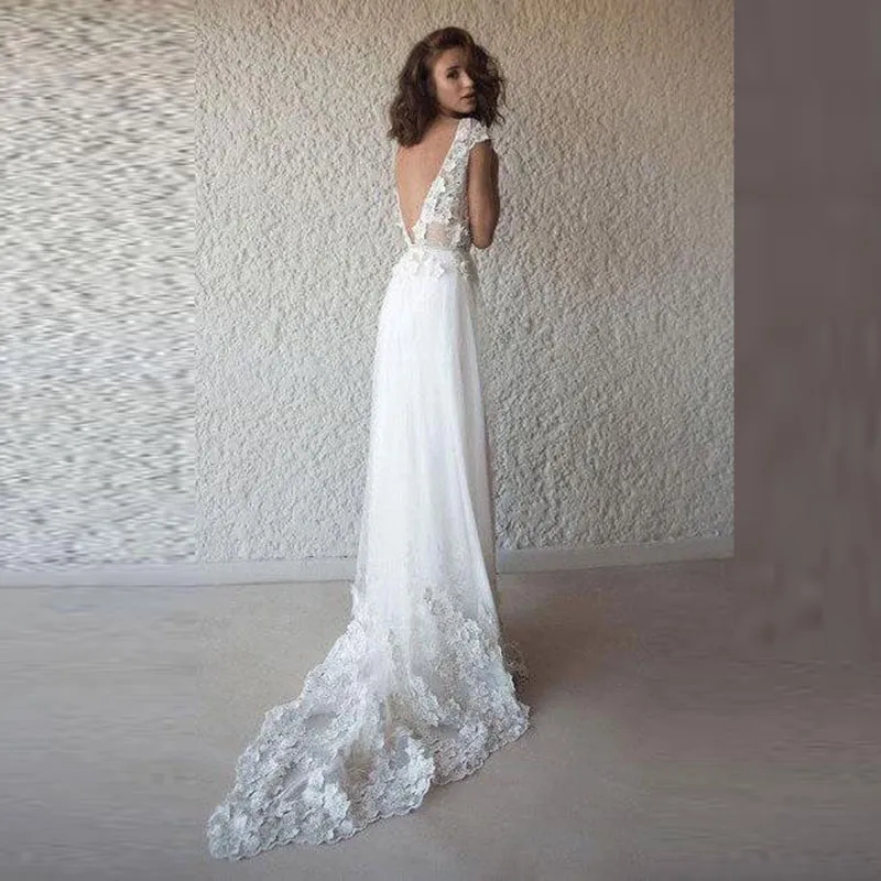 Charming Boho Full Length Lace Applique Dresses Cap Sleeves Plunge V Neck Wedding Gowns For Bride Back Out 6660312