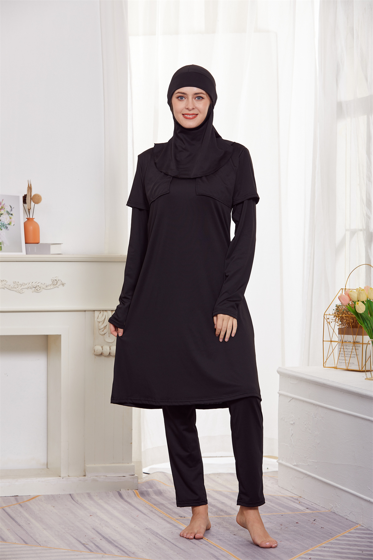 3 Pieces Sets Women Muslim Islamic Black Bathing Burkinis Sets Arab Modest Full Cover Tops Pants Swimwear Swimsuit Beachwear