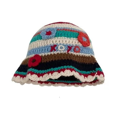 Cute Dopamine Wind Japanese Handmade Crochet Knitted Bucket Hat Rainbow Rhombus Plaid Wool Bucket Winter Basin Hat Bucket Hat 240507