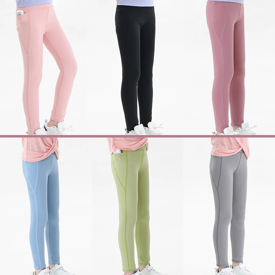 8-12 Years Girls Sports Leggings Pocket Butter Soft Kids Dance Workout Running Pants Children Sportswear Active Tights Clothing