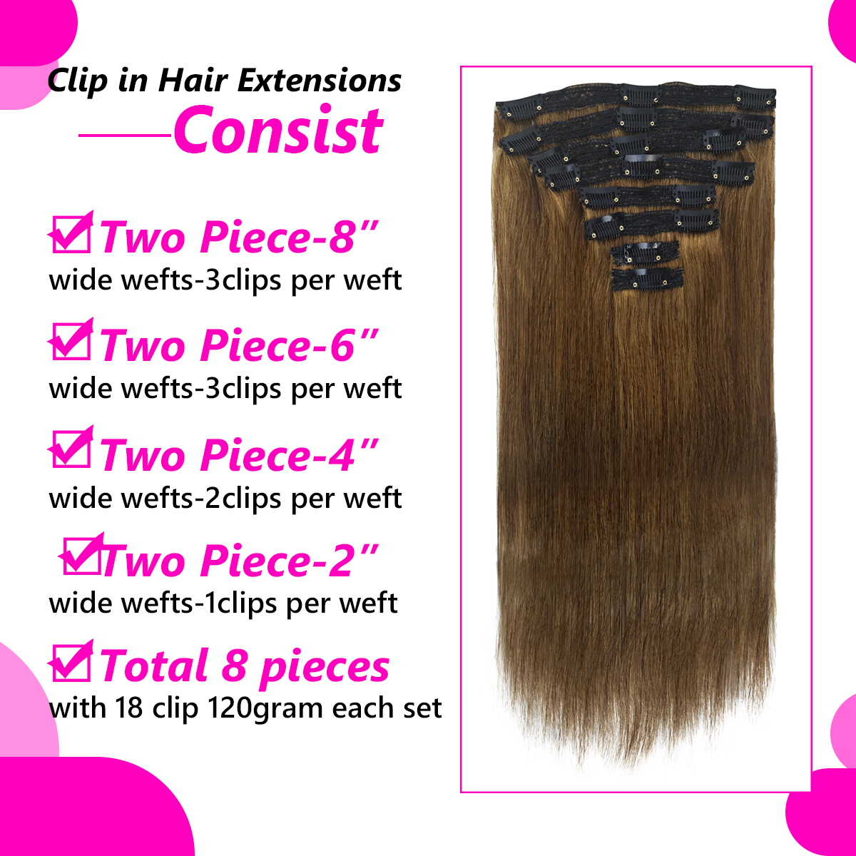 Straight Clip In Hair Extensions Medium Light Brown 100% Human Hair 18Inch 120g #6 8PCS Hair Extensions 16- 26inches for Women