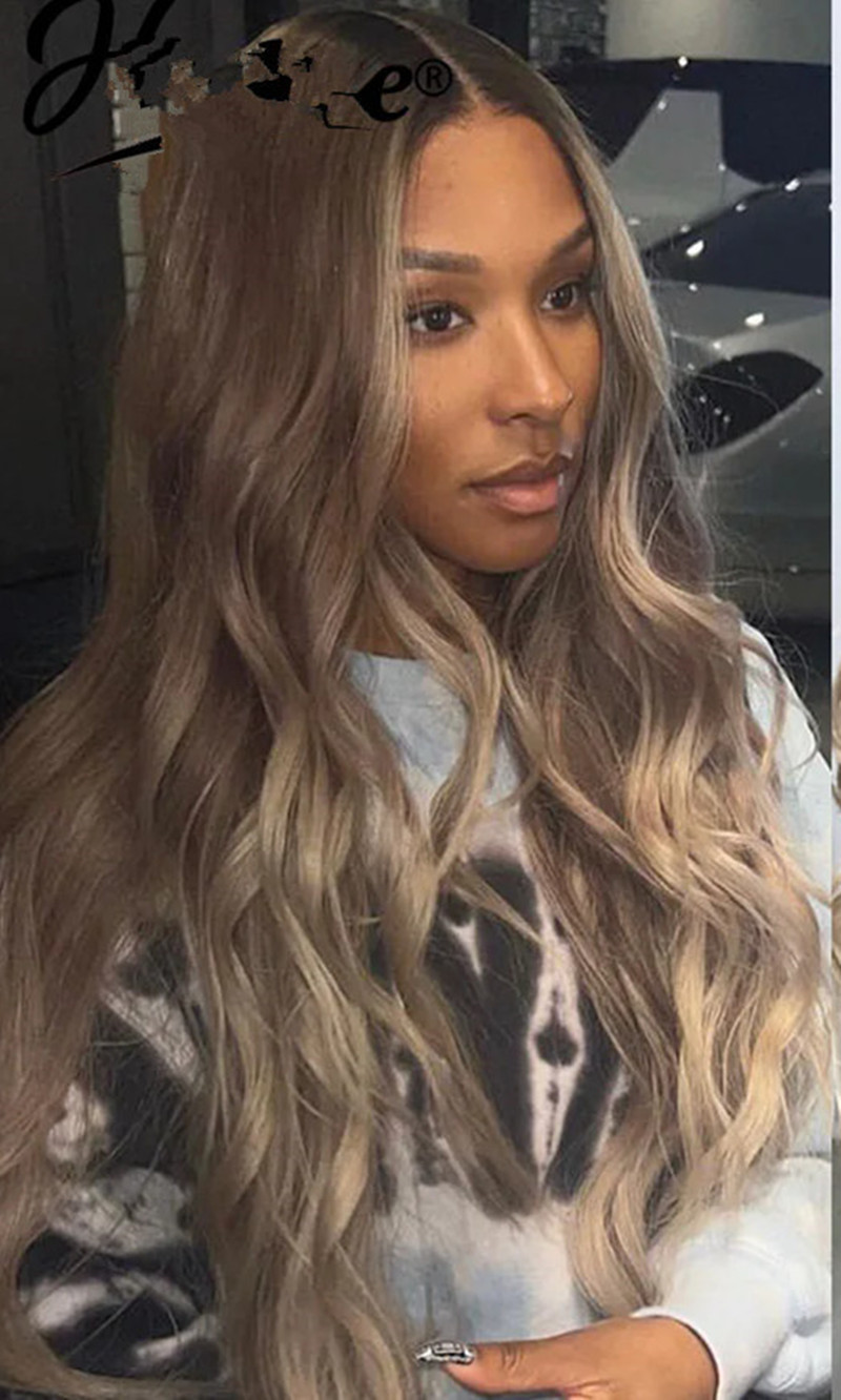 Ash Blonde Highlight Brazilian Hair Wigs Ombre Brown Transparent HD Lace Frontal Wigs Body Wave Human Hair Wigs WIth Dark Roots 150% Diva1
