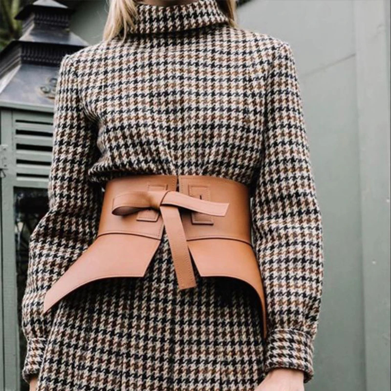 French Retro Bow Tie Wide Waistband Women Fashion Solid Leather Cumber Bands Versatile Bow Waist Belt Solid Color Accessories 240522