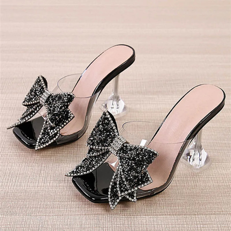 New 2024 Fashion Sier Crystal Bow Knot Shoes Womens Transparent Mule Slide Summer High Heel Sandals 240517