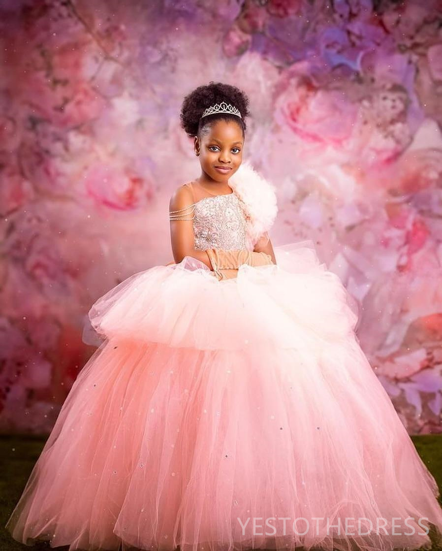 2024 Aso Ebi Pink Flower Girl Dresses Birthday Party Dress Illusion Sheer Neck Rhinestones Beaded Tiered Tulle Bow Beading Decorated Princess Gown For