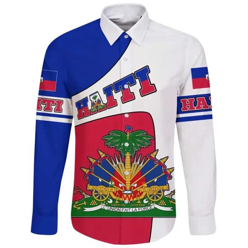 Men's Casual Shirts Mens Shirt Haiti Flag Caribbean Sea Haiti Retro Vintage Tattoo 3D Printed Strtwear Harajuku Casual Men Shirts Long Slve Top T