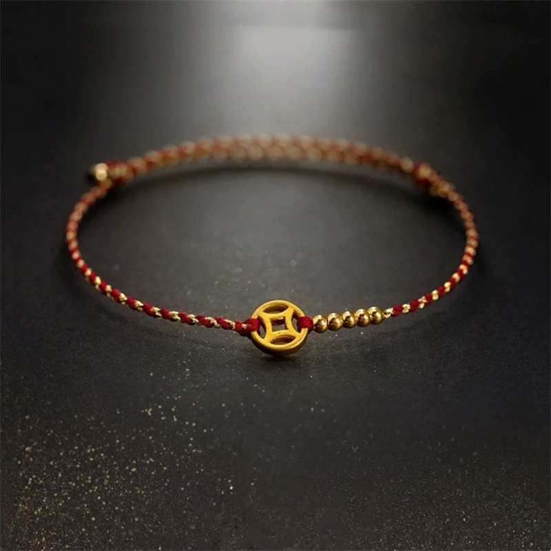 Handmade Woven Red Rope Wealth Lucky Bangle Gold Color Copper Adult Women Men Couple Adjustable Bracelets Drop Shipping