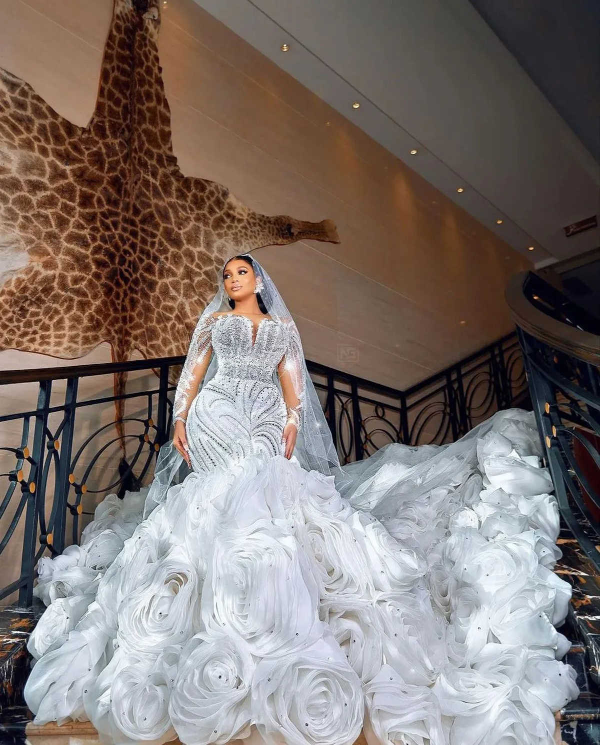 Cascading Ruffles Wedding Dress Illusion Long Sleeve Mermaid Bridal Gowns Sequins Beads Wedding Gowns For African Women