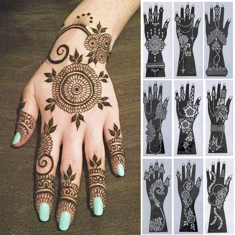 2Pcs Hand Sleeve Temporary Tattoo Stencil Henna Lace Mandala Tattoo Spray Paint Templates Sheets Lotus Flowers Tattoo Sticker