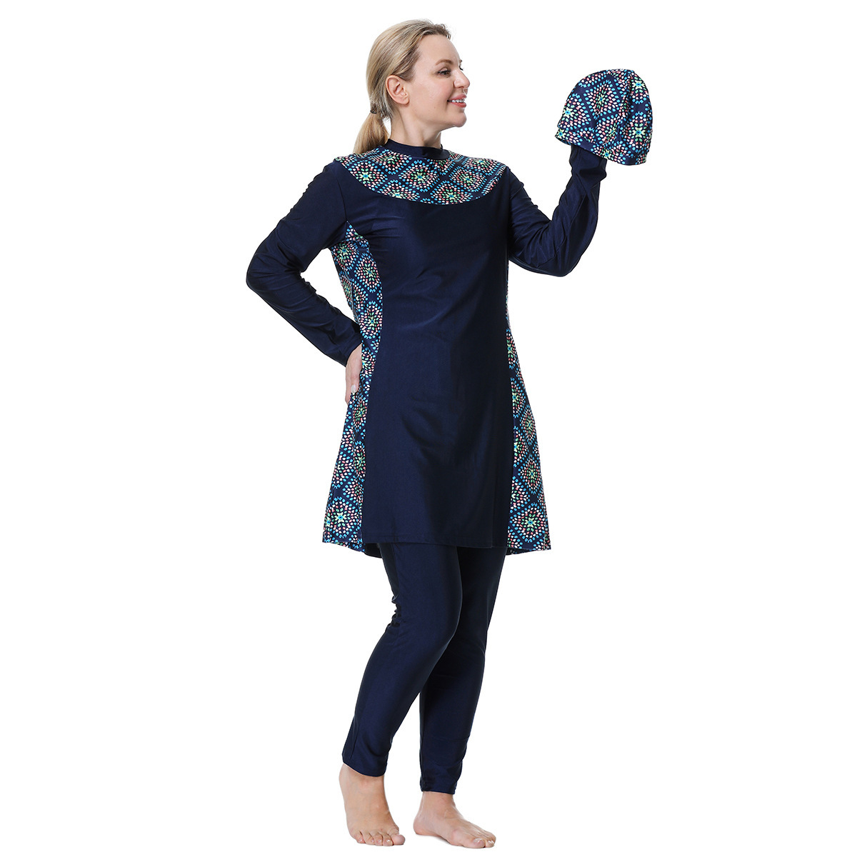 3 Piece Set Print Muslim Swimwear Women Long Sleeve+Top Hat+Pant Swimsuit Khimar Dubai Turkey Islam Clothing Burkini Mujer 2024