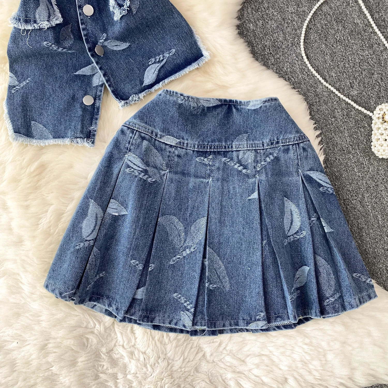 Women Printed Denim Skirts Suits Cowboy Sets Female French Irregular Chest TopsHigh Waist Thin Pleated Skirt Suit 240522