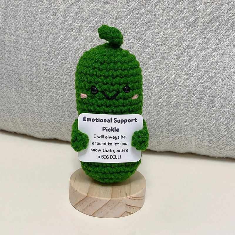 Handmade Emotional Support Pickled Cucumber Gift, Cute Handwoven Ornaments, Handmade Crochet Emotional Support Pickles With Wood