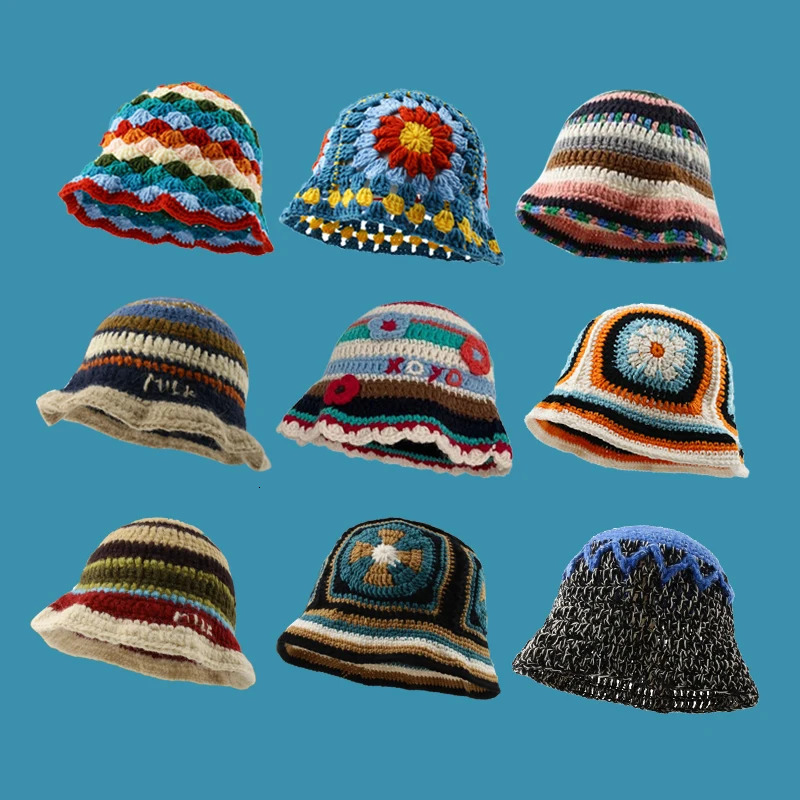 Cute Dopamine Wind Japanese Handmade Crochet Knitted Bucket Hat Rainbow Rhombus Plaid Wool Bucket Winter Basin Hat Bucket Hat 240507
