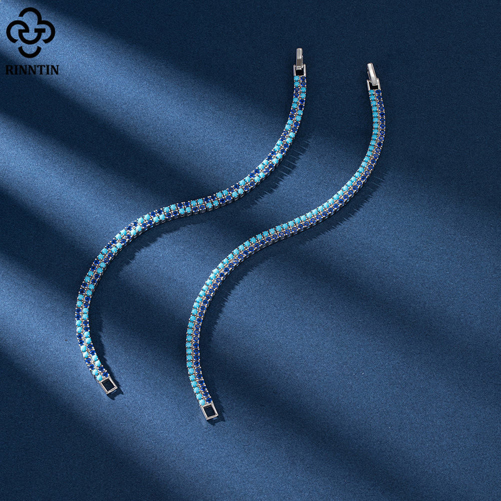 Rinntin 2 Rows Tennis Bracelet 925 Sterling Silver Women's Luxury Blue CZ&Turquoise Chain Bracelet Wedding Jewelry SB159