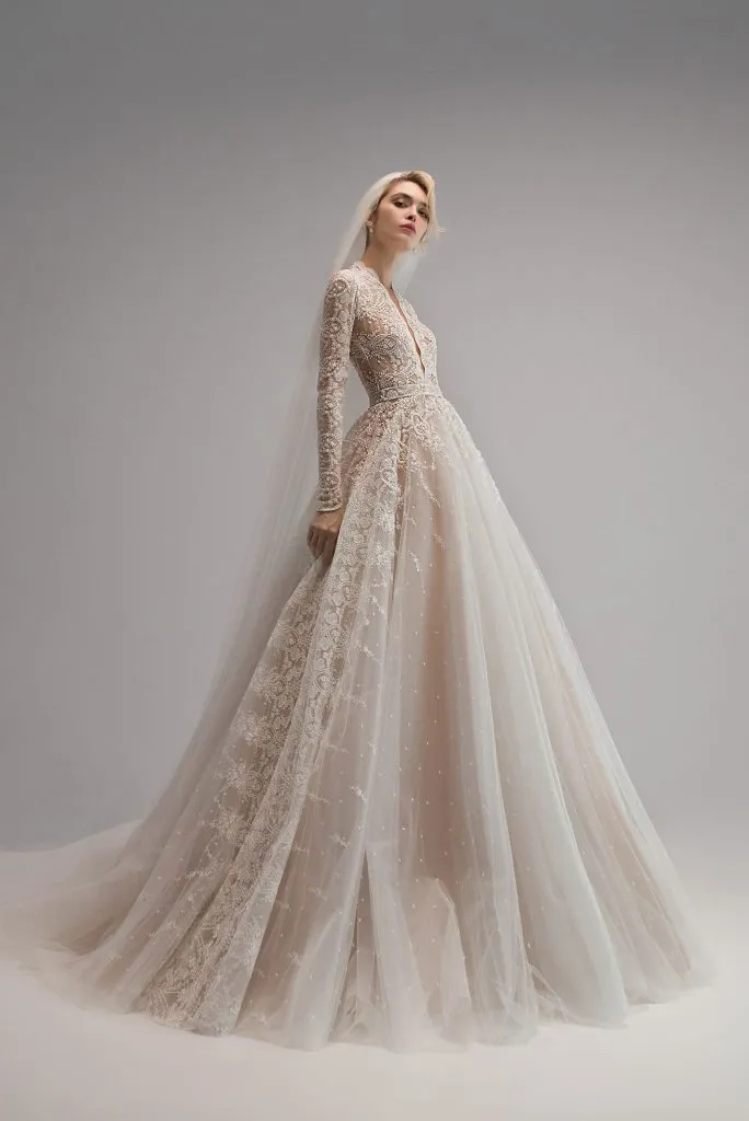 Ersa Atelier 2024 Wedding Dresses A E V Neck Long Sleeve Lace Beaded Appliqued Bridal Gowns Robe De Mariee 6660312