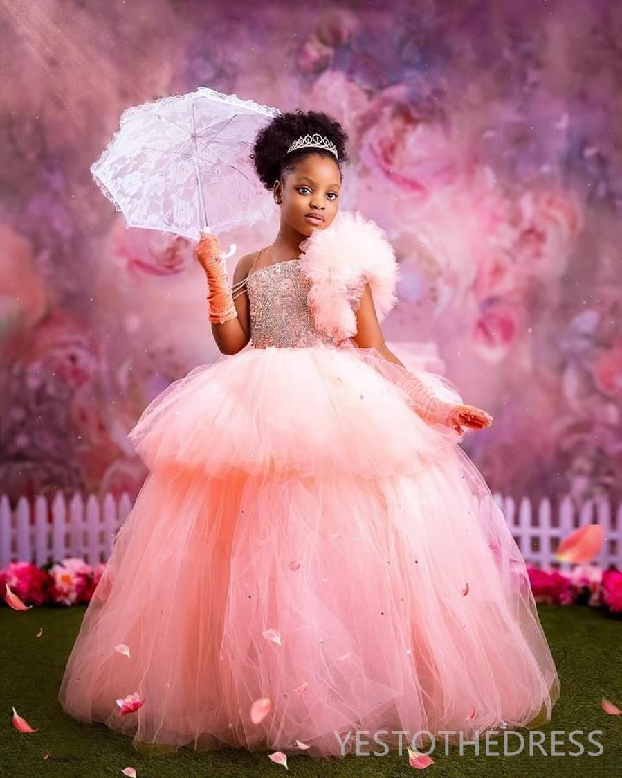 2024 Aso Ebi Pink Flower Girl Dresses Birthday Party Dress Illusion Sheer Neck Rhinestones Beaded Tiered Tulle Bow Beading Decorated Princess Gown For
