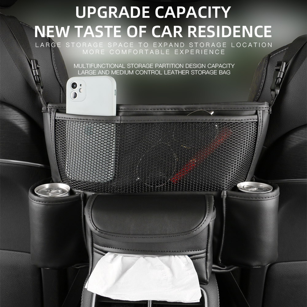 Car Seat Middle Hanger Leather Storage Bag Luxury Auto Handbag Holder Between Seats Tissue Water Cup Pockets Stowing Tidying