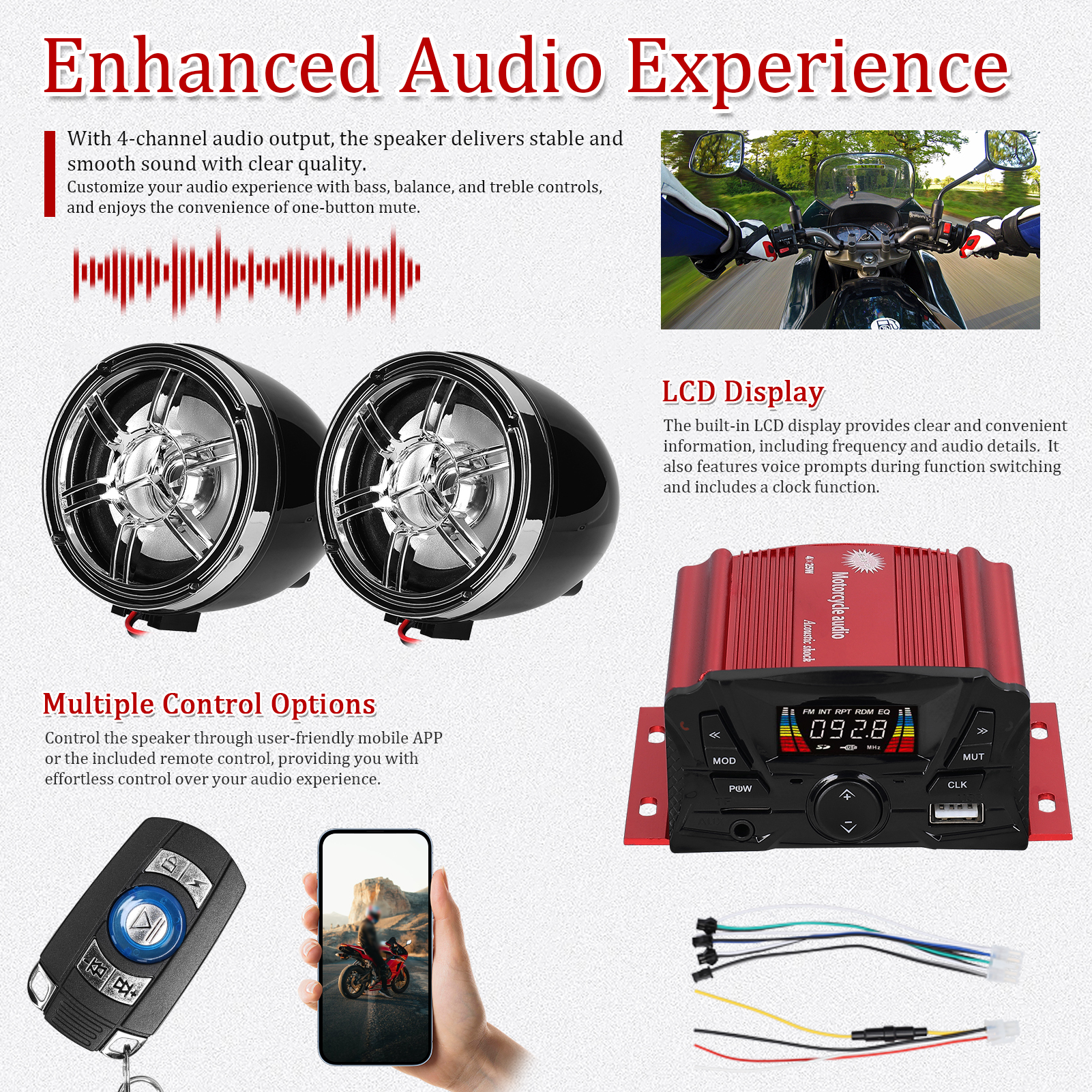 Bluetooth Motorcycle Stereo Speaker Anti-Theft Alarm System MP3 Player TF AUX FM Radio USB Motorcycle Audio Sound System