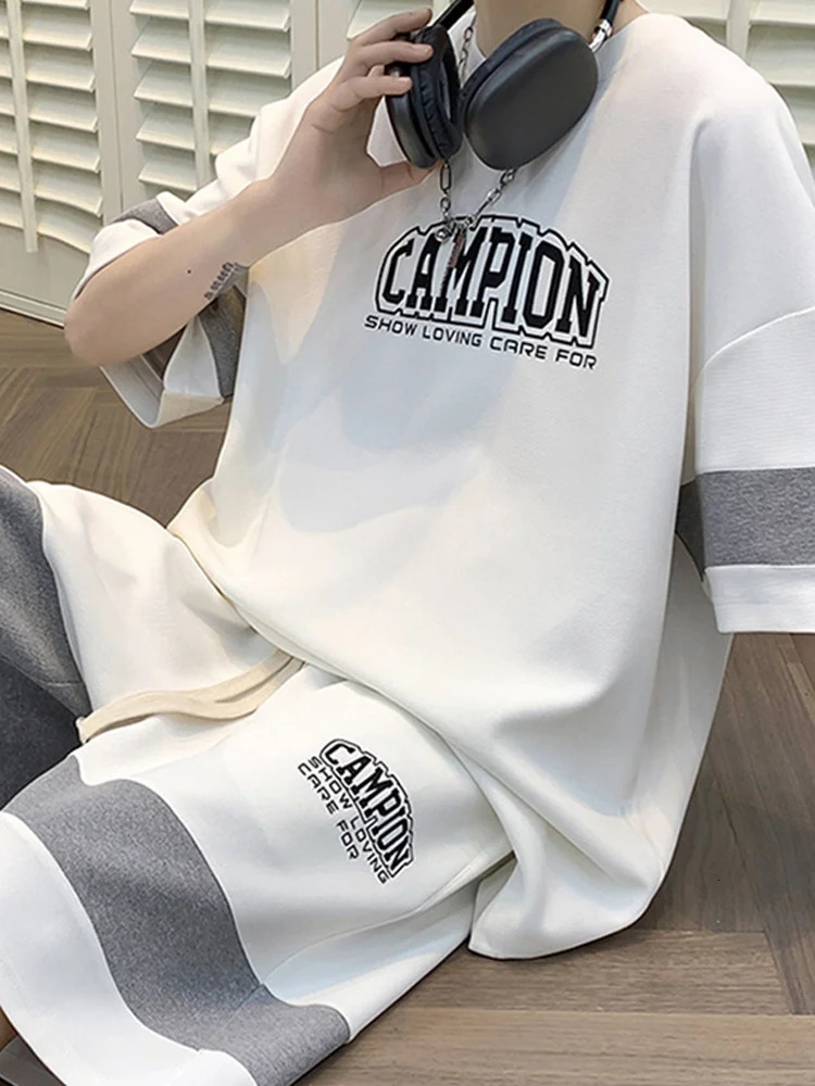 Waffle suit mens summer youth student short sleeved shorts high street trendy casual sports twopiece set 240518