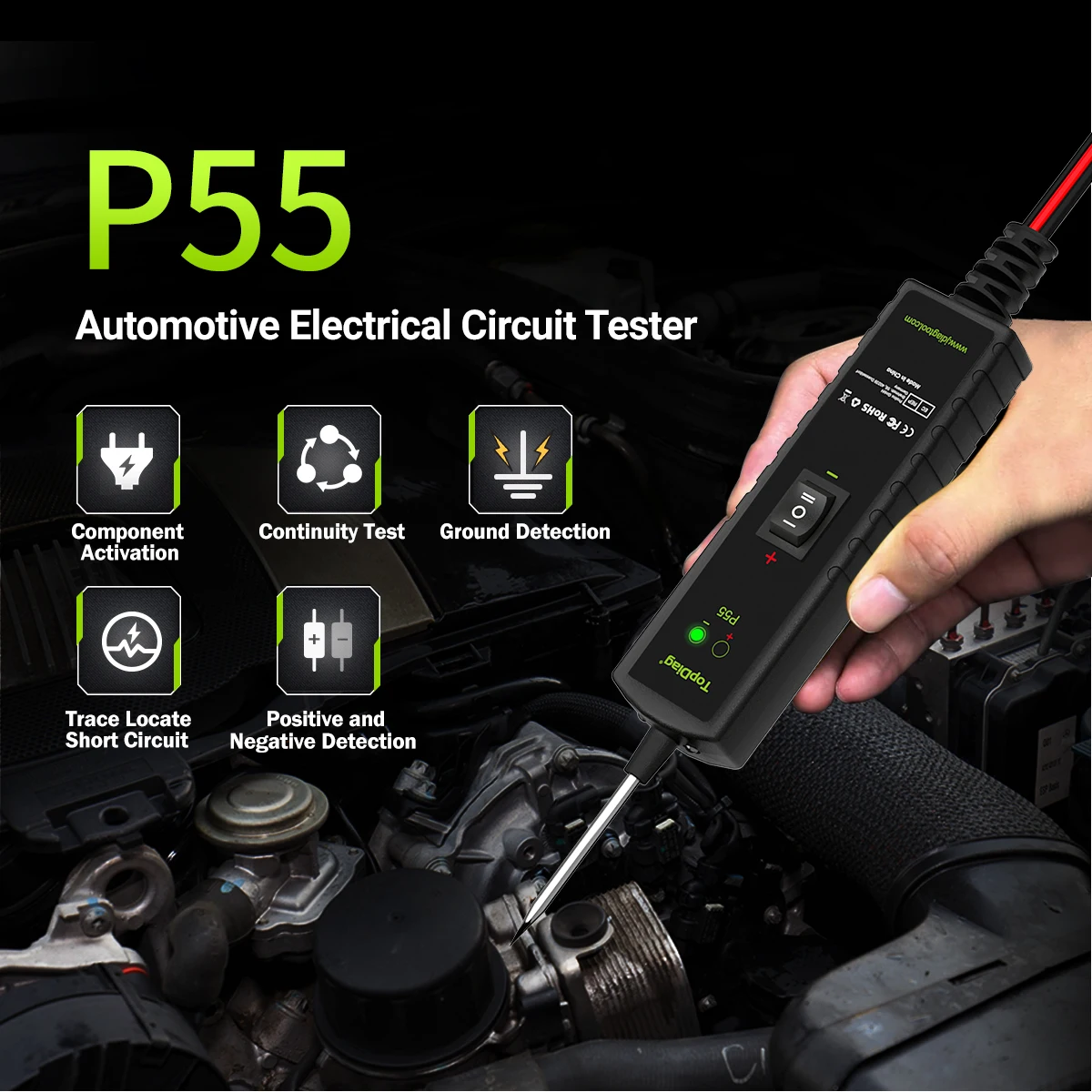 Power Topdiag P55 Automotive Circuit Probe Tester 12V 24V Car Test Light Electrical Diagnostic Tool Kit AC DC Short Finder smile