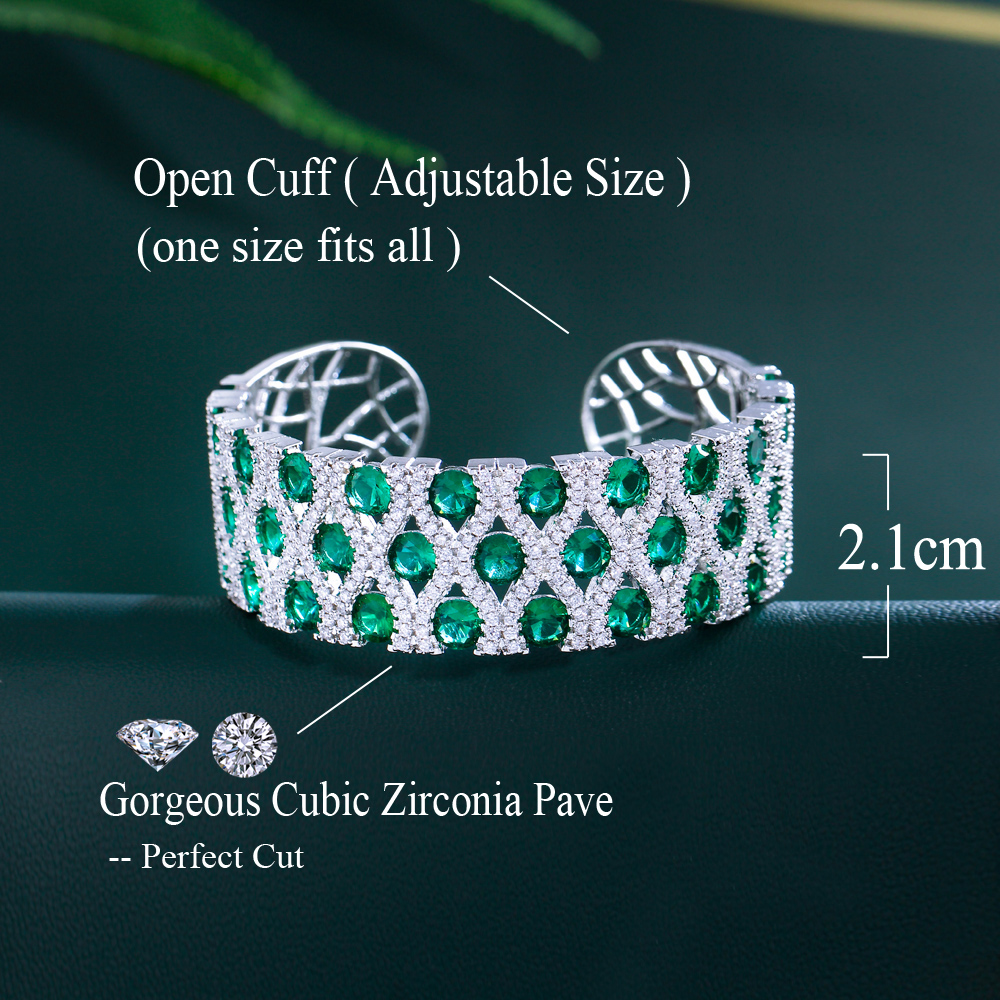 CWWZircons Glamorous Round Green Cubic Zirconia Pave Open Cuff Big Wide Luxury Wedding Bridal Pageant Bangle for Women BG068