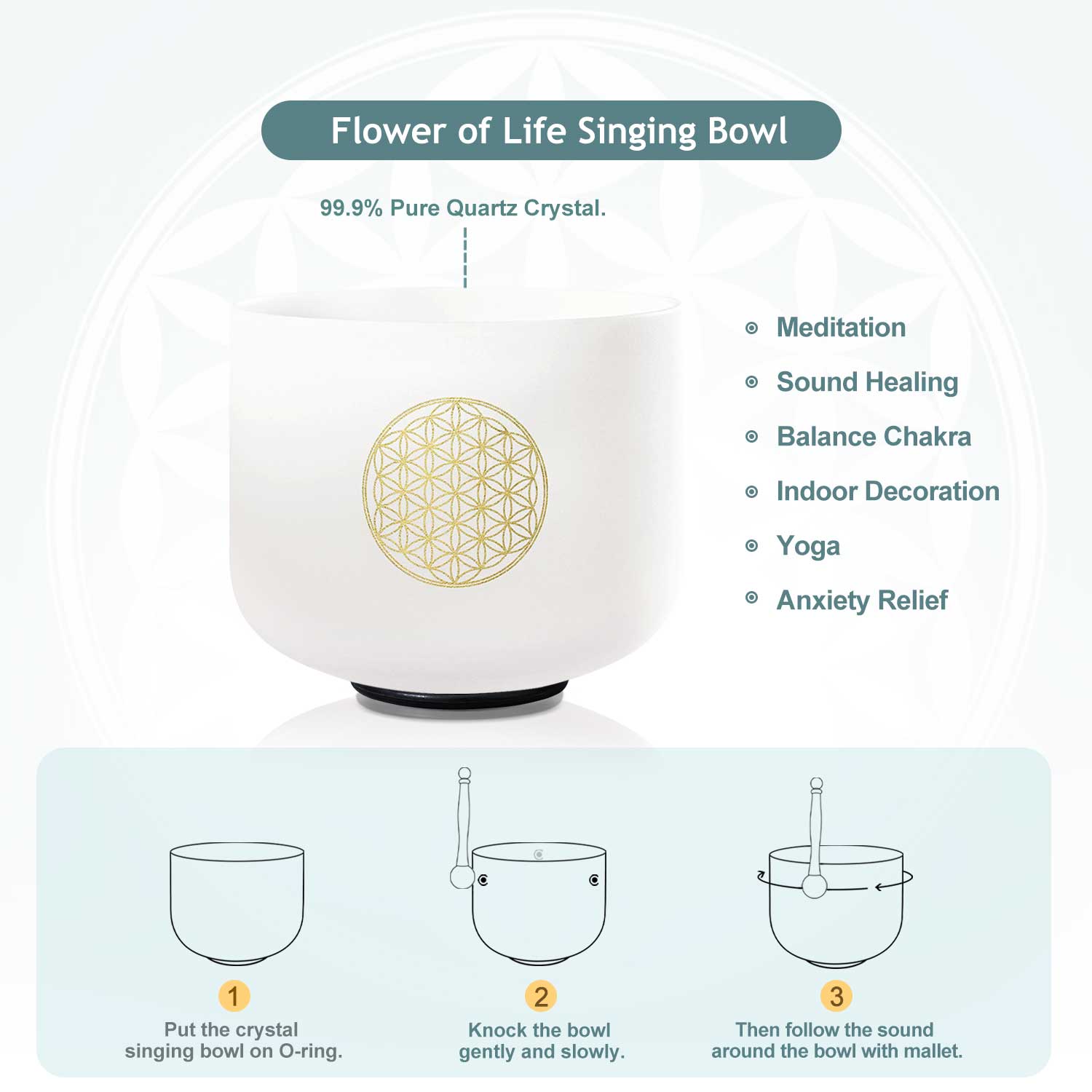 CVNC 8 Inch 528 Hz Life Flower Design Crystal Singing Bowls Quartz Chakra For Sound Healing Instrument Meditiation