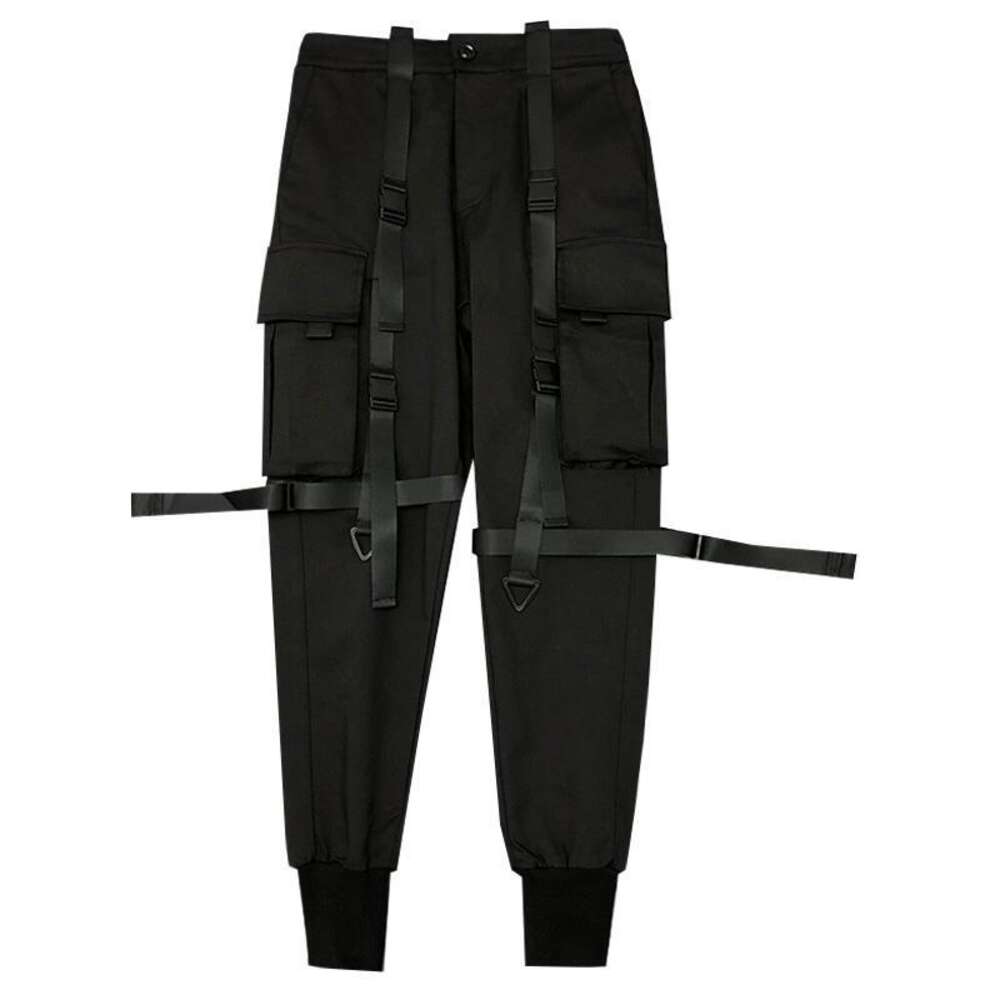 HOUZHOU Techwear Black Pants for Men Cargo Trousers Male Japanese Streetwear Hip Hop Spring Ribbon Pocket Haruku Fashion M522 32