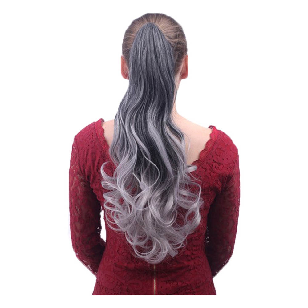 Ombre Grey Drawstring Ponytail Long Wavy Curly Overhead Ponytail Clip in Hair Extensions de cabello Natural Synthetic Hairpieces