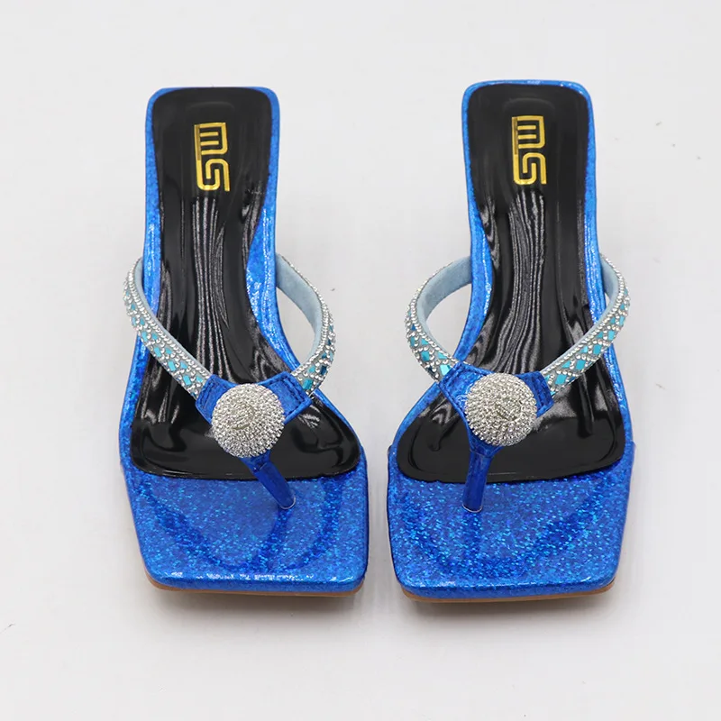 New Summer Flip Flops Gold Silver Slides Women 6cm High Heels Mules Slippers Crystal Glitter Clear Low Heels Bling Luxury Shoes