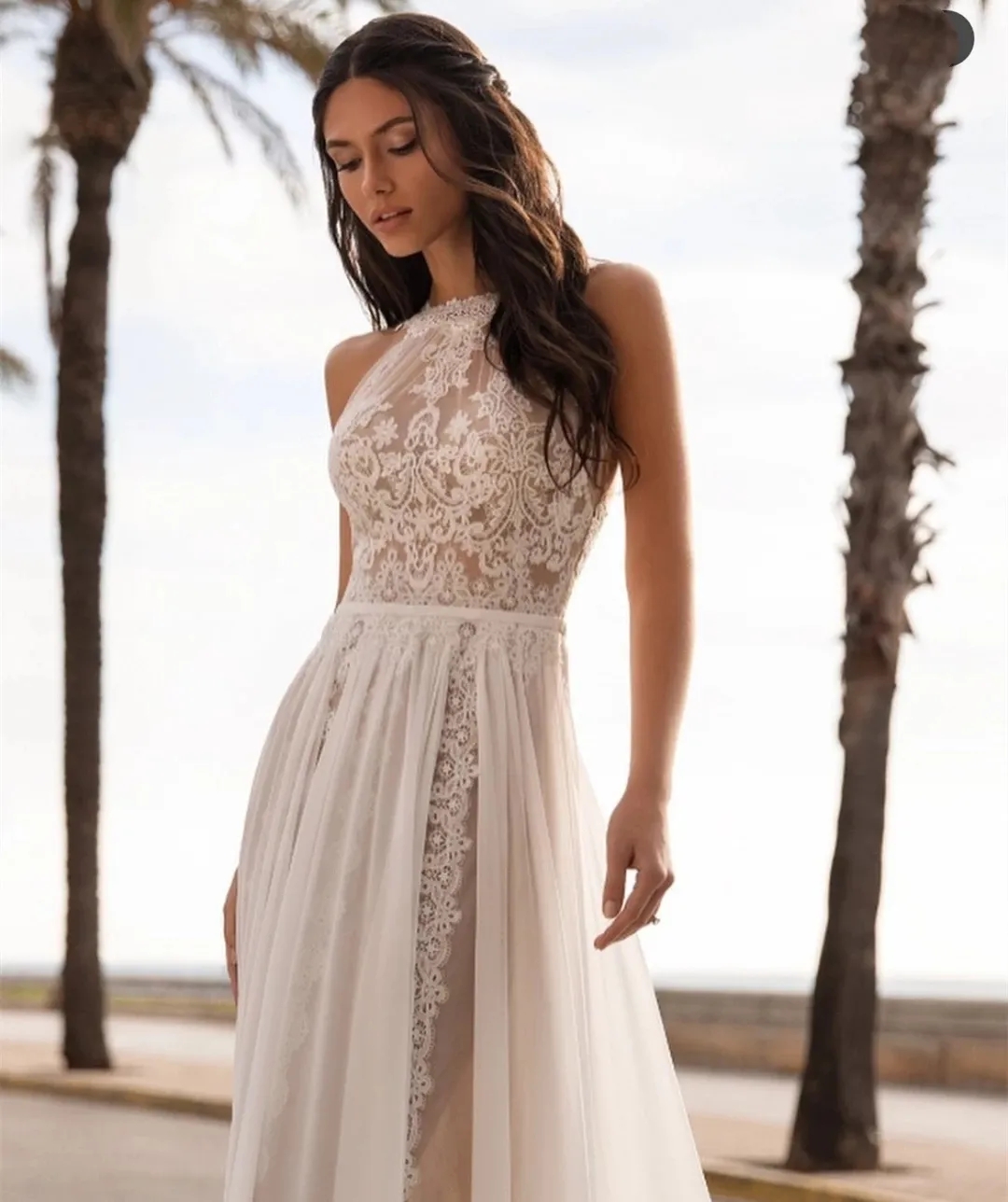 Dresses Bohemian Lace Wedding Dress 2024 Vintage Halter Sleeveless Sweep Train Simple A Line Chiffon Bridal Gowns Summer Beach Robe De Mar